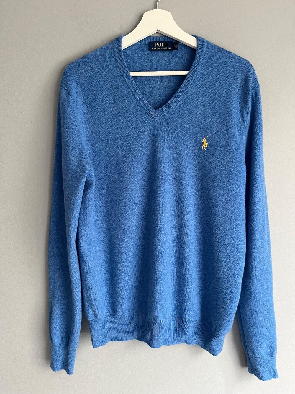 Polo Ralph Lauren Men's Merino Wool V-Neck Sweater M Blue Yellow Pony Preppy